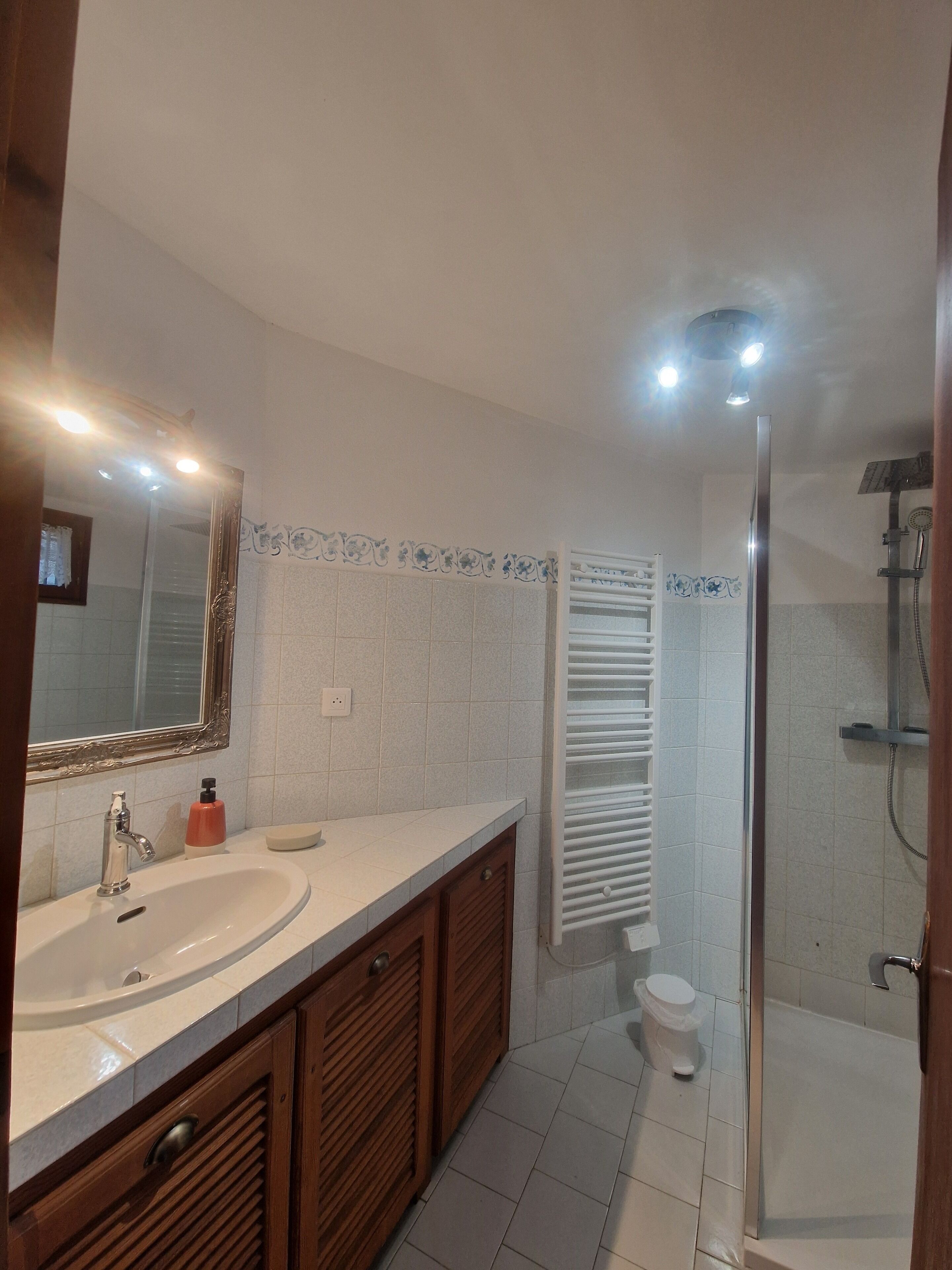 A bathroom with a sink, mirror, shower, and toilet.