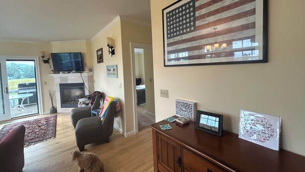 A living room with a fireplace, a television, and a large American flag. - Beautiful 3 Bedroom condo apt near Owl's Nest golf course and wedding venue (Thornton)