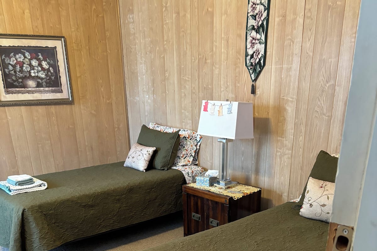 Une chambre avec deux lits simples, une table de chevet avec une lampe et un tableau encadré au mur.