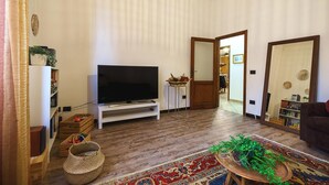 A living room with a flat-screen TV, wooden flooring, a patterned rug, and a bookshelf. - Apartment 'Tina House' with Balcony, Wi-Fi and Air Conditioning (Florence)