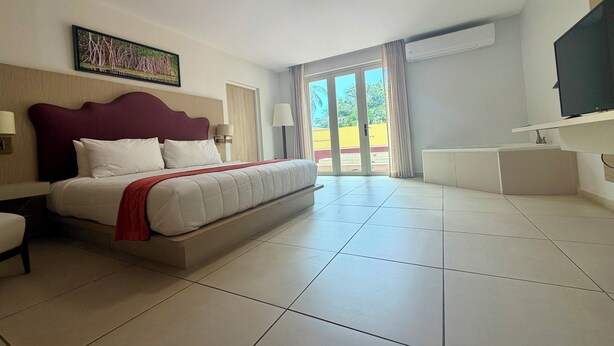 A hotel room with a bed, a TV, a desk, a chair, a lamp, a painting, and a view of the outside. - Caño Tiburones Guest House (Arecibo)