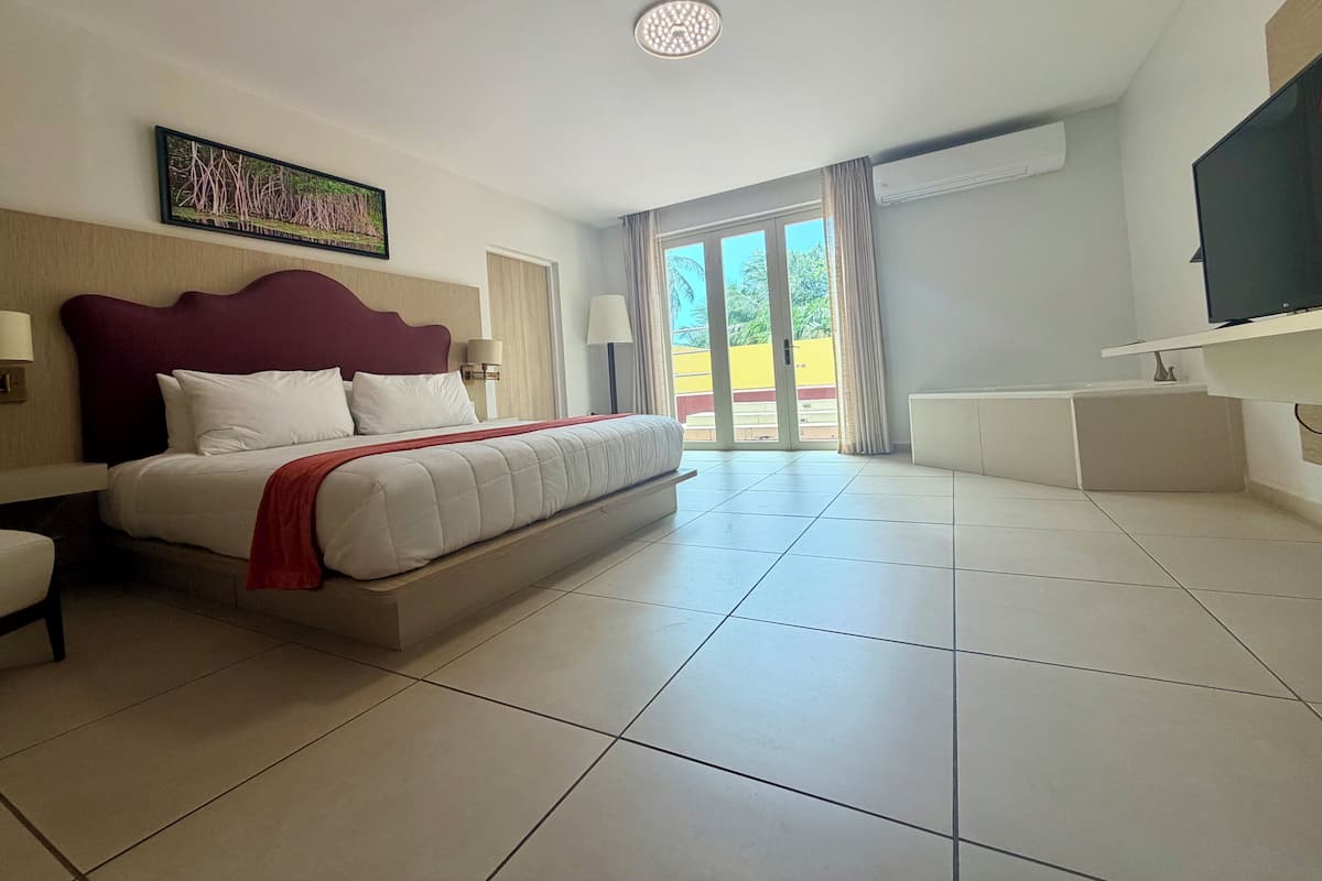 Habitación de hotel con cama, televisión, escritorio, silla, lámpara, un cuadro y vistas al exterior.
