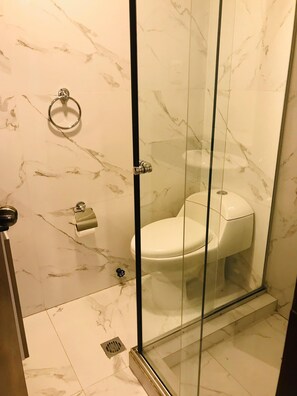 Hair dryer, towels, soap, toilet paper