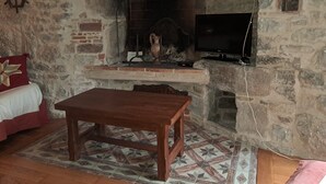 Una habitación de paredes de piedra con chimenea, televisión, mesa de madera y alfombra estampada.