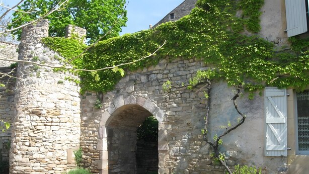 Un edificio de piedra con una entrada arqueada, una pequeña torre y un jardín con diversas plantas.