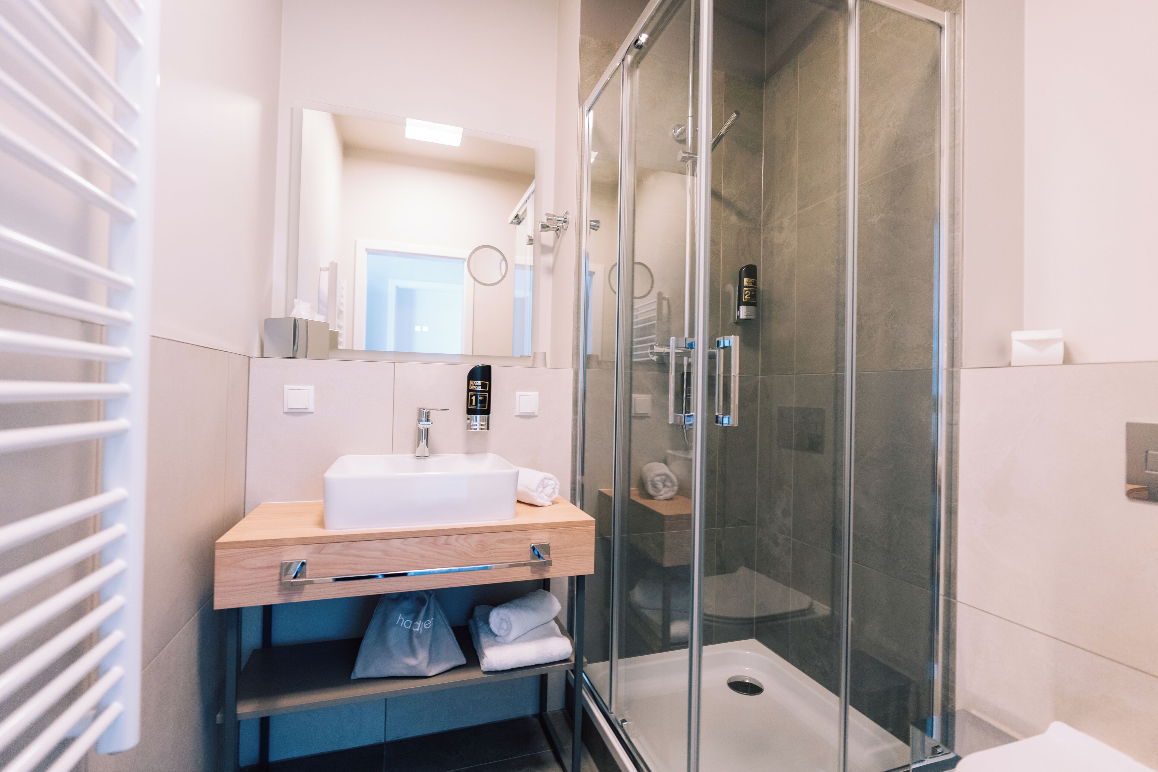 A modern bathroom with a glass-enclosed shower, a wooden vanity, and a mirror.