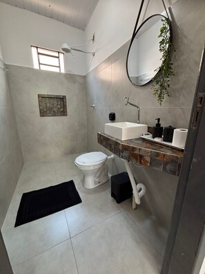 Shower, towels, soap, toilet paper