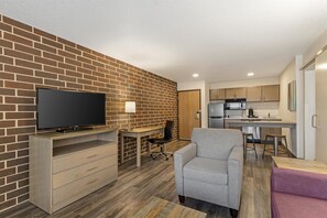 Individually furnished, desk, laptop workspace, blackout drapes