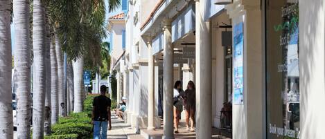 A pedestrian walkway lined with palm trees and buildings with large windows and columns.
