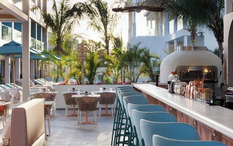 A bar area with seating, a counter, and a view of palm trees and a building.