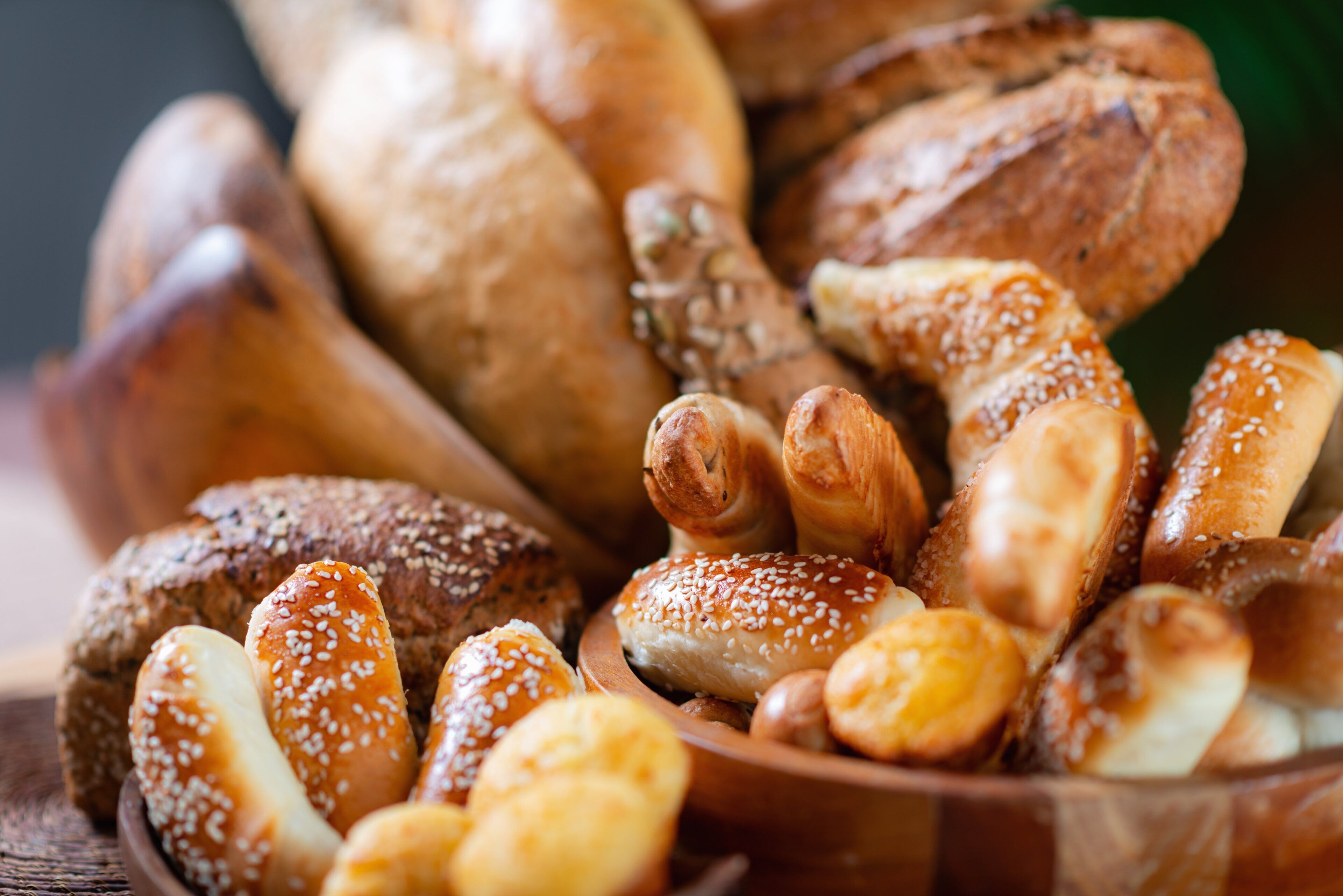 A variety of baked goods including bread and rolls.