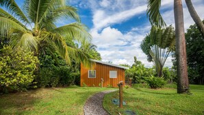 A wooden building with a gravel path leading to it, surrounded by lush greenery and palm trees.