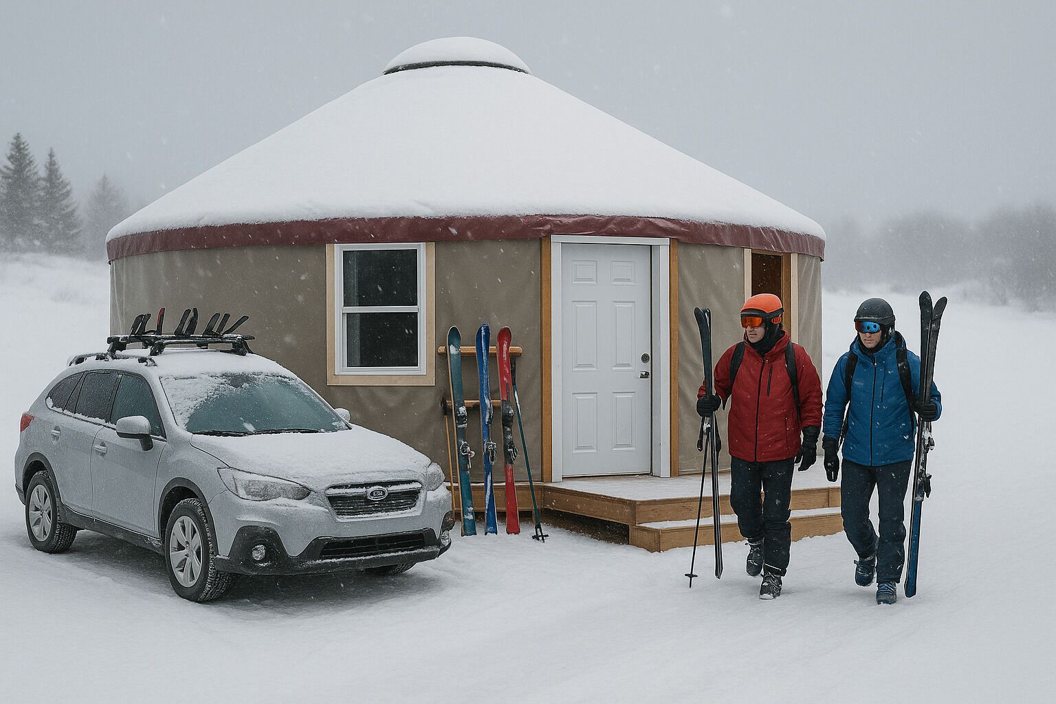 A snow-covered yurt with a car parked in front, skis leaning against the door, and a person walking with skis.