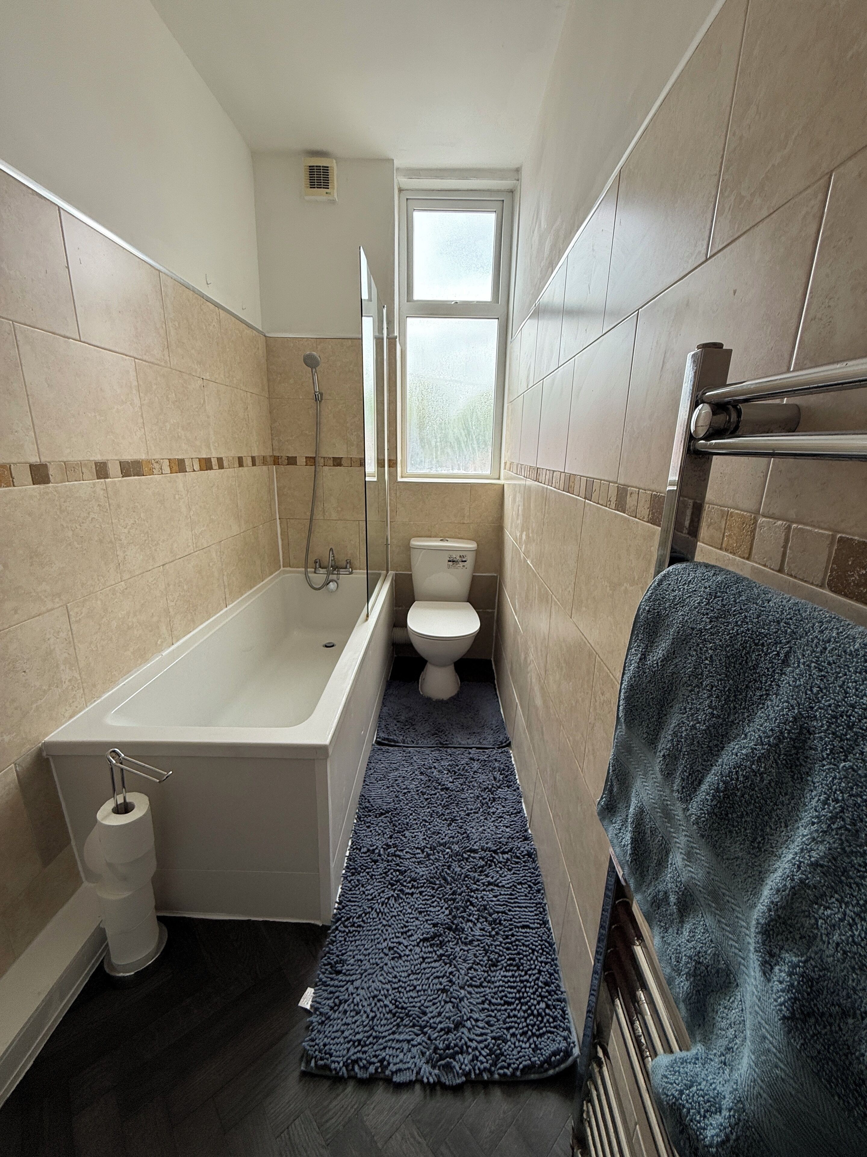 Hair dryer, towels, toilet paper
