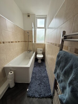Hair dryer, towels, toilet paper
