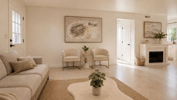 A living room with a sofa, two armchairs, a coffee table, and a fireplace.