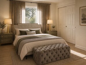 Une chambre à coucher avec un grand lit, deux tables de chevet avec des lampes, une fenêtre avec des rideaux, une porte et un tableau encadré au mur.