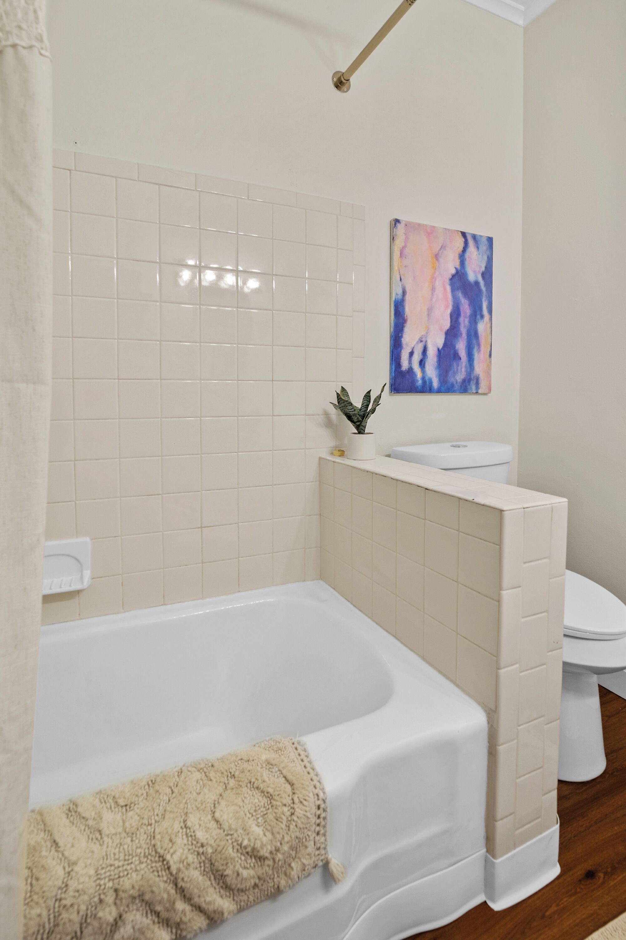 A bathroom with a white bathtub, a white toilet, and a small potted plant on the sink.