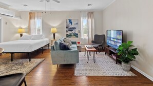 Une chambre d’hôtel moderne équipée d’un lit, d’un canapé, d’une télévision et d’une plante en pot.
