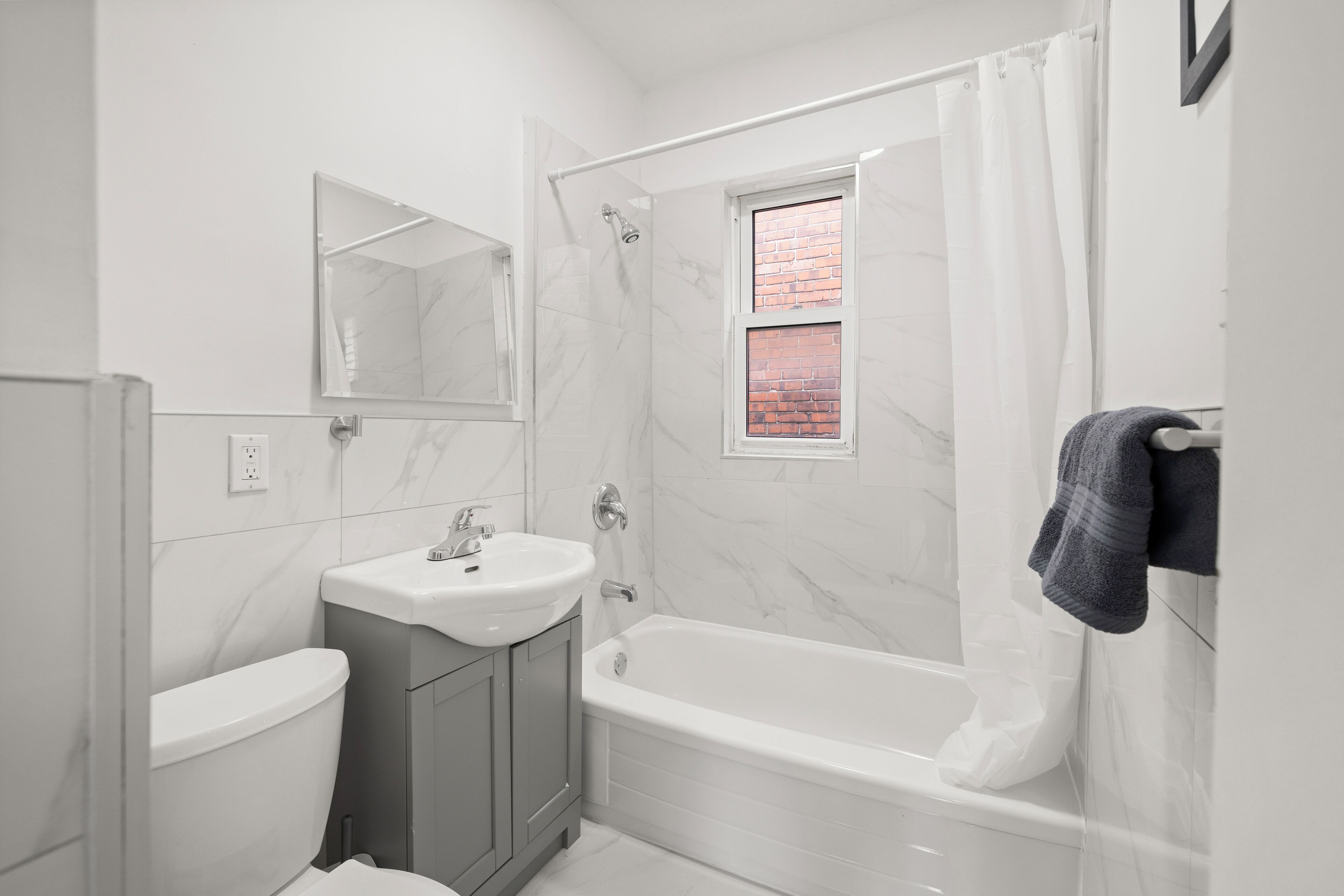 Hair dryer, towels, soap, toilet paper