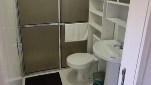 Un baño pequeño con ducha, inodoro y lavamanos.