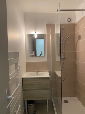 Shower, hair dryer, towels, toilet paper