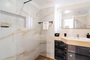 Douche, séchoir à cheveux, serviettes fournies