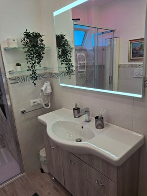 Douche, sèche-cheveux, bidet, serviettes fournies
