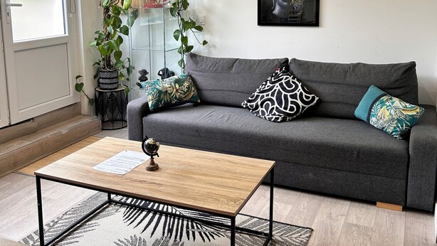 Una sala de estar moderna con un sofá gris, cojines estampados, una mesa de centro de madera y un aparador de vidrio con plantas.