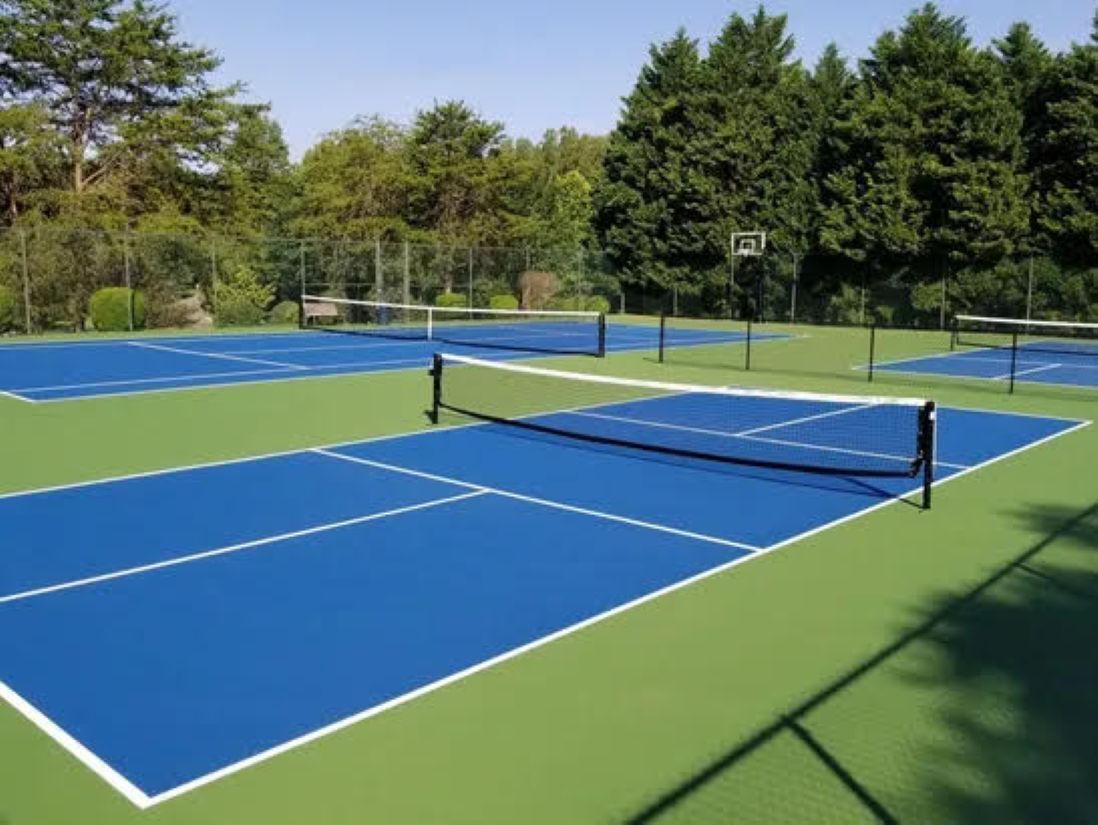 Un campo da tennis con una rete al centro, circondato da alberi.