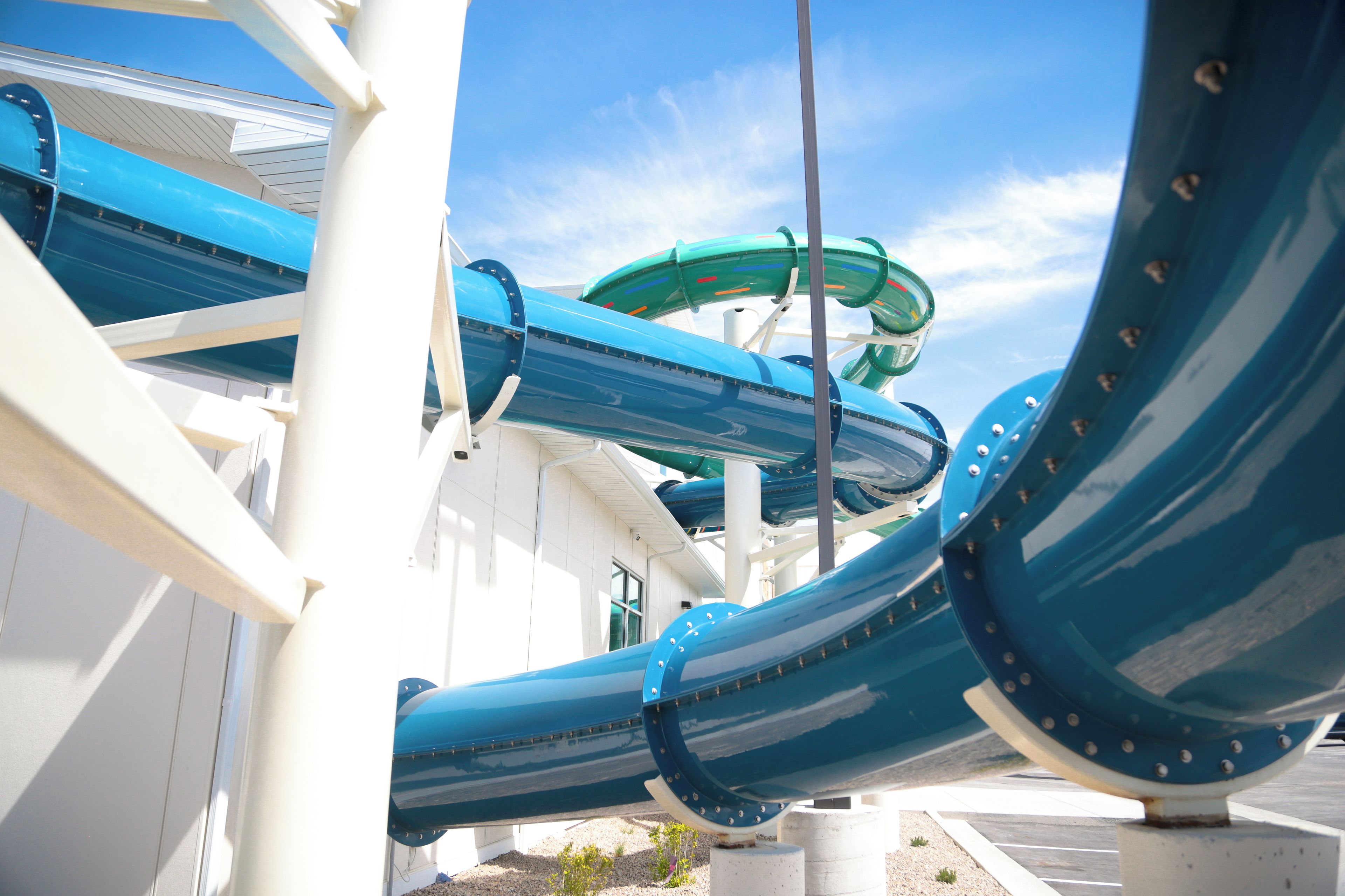A water slide structure with multiple lanes.