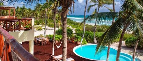 Outdoor pool, pool umbrellas, pool loungers