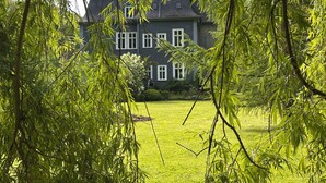 Ein großes Haus mit einem gepflegten Rasen und üppigem Grün im Vordergrund.