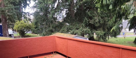 A red wooden deck with a corner bench, surrounded by tall trees.