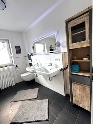 Shower, hair dryer, towels