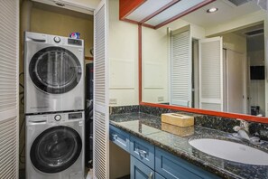 Hair dryer, towels, soap, toilet paper