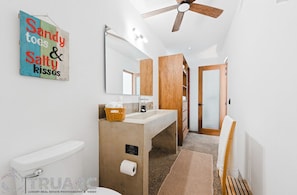 Hair dryer, towels, soap, toilet paper