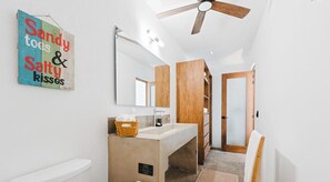 Hair dryer, towels, soap, toilet paper