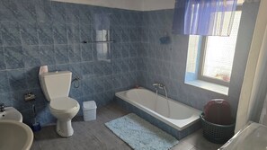 Een douche, een haardroger, een bidet, handdoeken