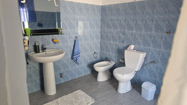 A bathroom with a pedestal sink, a bidet, a toilet, and a mirror.