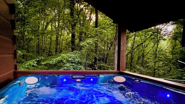A hot tub with a view of a forest.