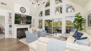 Smart TV, fireplace, books