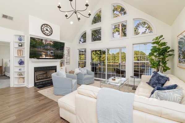 Smart TV, fireplace, books