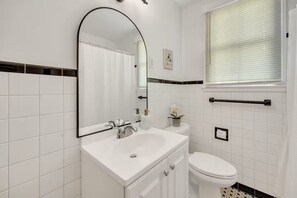 Hair dryer, towels, soap, toilet paper