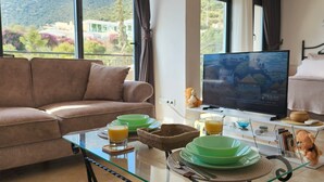 Una sala de estar moderna con un sofá, una mesa de centro de vidrio, un televisor y una cama con vistas al exterior.