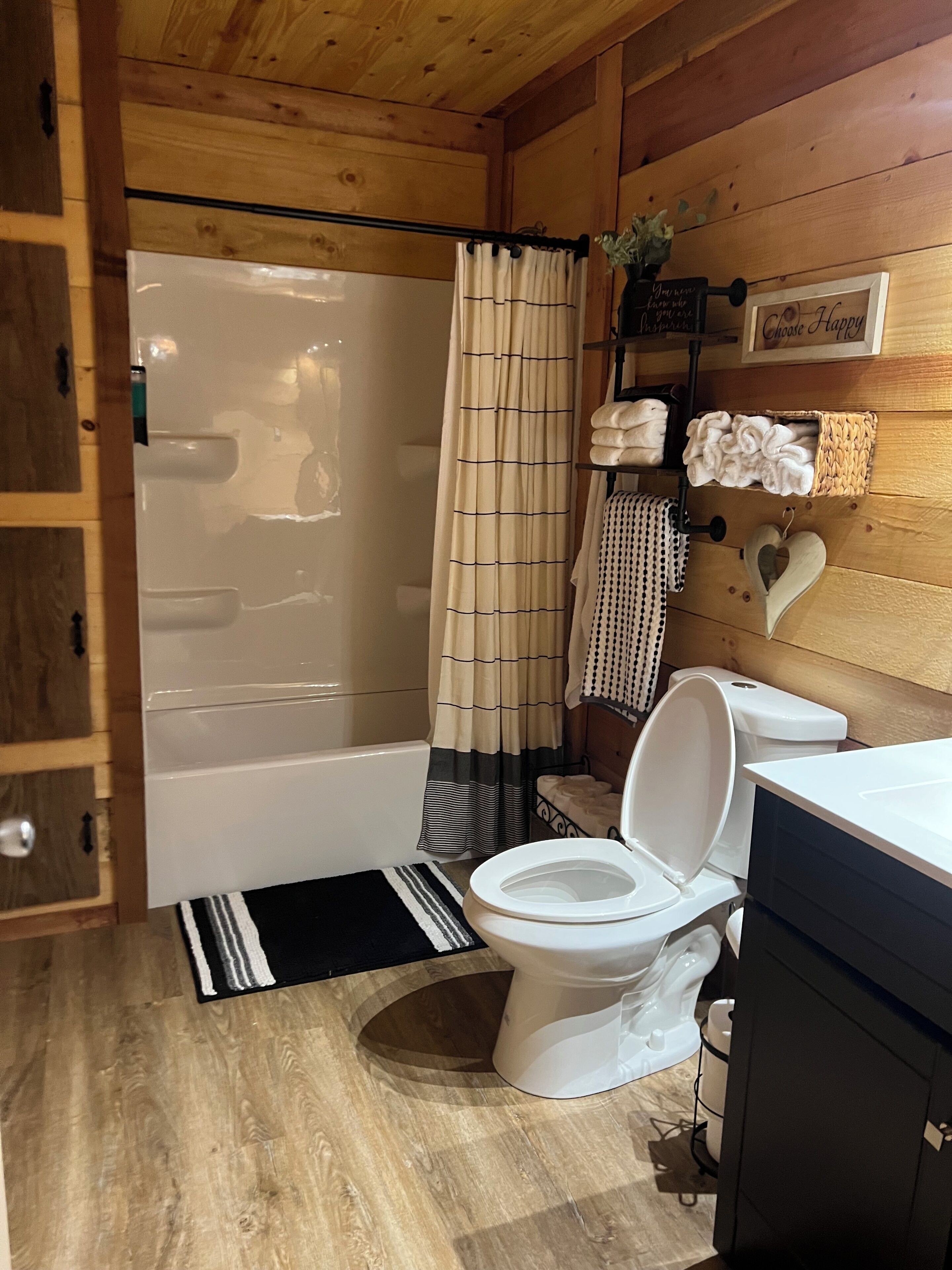 Hair dryer, towels, soap, toilet paper