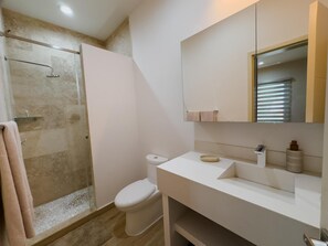 Shower, hair dryer, towels