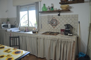 Fridge, microwave, stovetop, coffee/tea maker