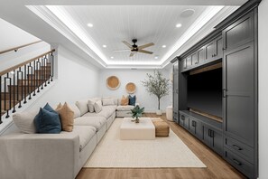 Smart TV, fireplace, music library, offices