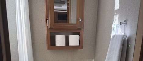 Shower, towels, soap, toilet paper